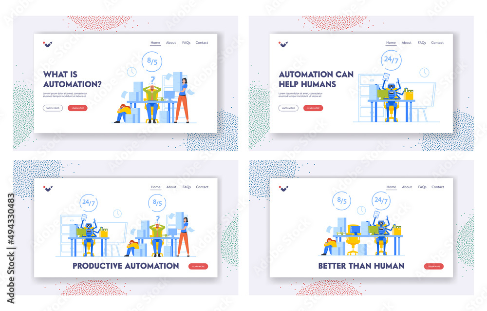 Productive Automation Landing Page Template Set. Intelligent System vs Manual Labor. Office Characters Compete with Ai