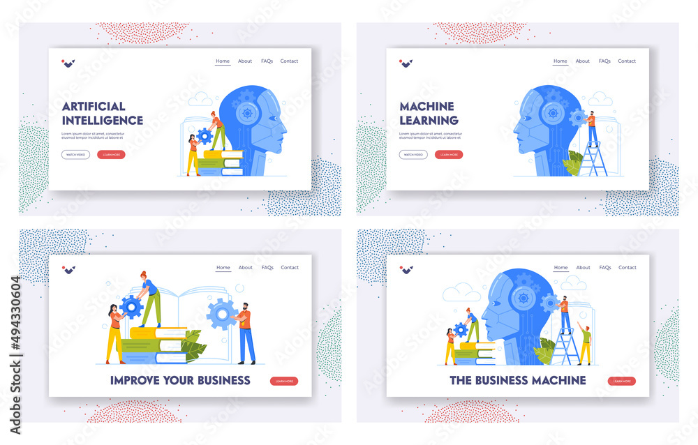 Machine Learning and Training Landing Page Template Set. Tiny Business Characters with Gears at Huge Cyborg Head