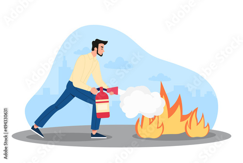 Man putting out fire. Character with fire extinguisher, safety and dangerous situation. Fireman fixes problem. Emergency and caution. Male worker in casual clothes. Cartoon flat vector illustration
