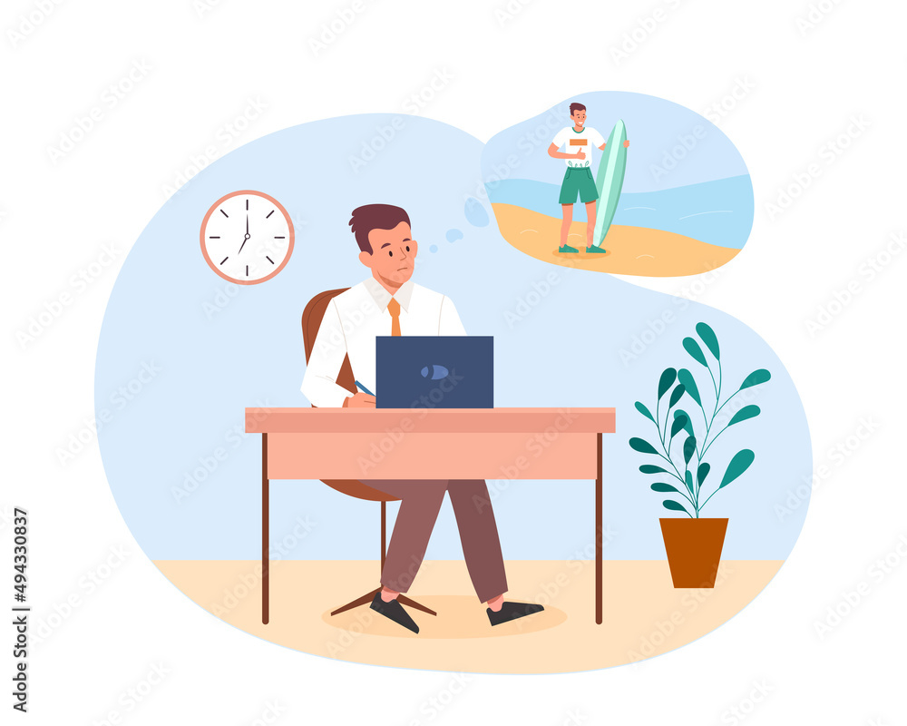 Dreaming about vacation. Man at computer thinks about beach. Tropical countries, travel and adventure. Manager or employee presents himself with board on sea. Cartoon flat vector illustration Dreaming about vacation. Man at computer thinks about beach. Tropical countries, travel and adventure. Manager or employee presents himself with board on sea. Cartoon flat vector illustration