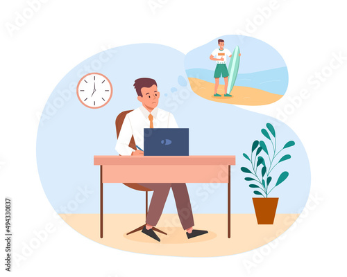 Dreaming about vacation. Man at computer thinks about beach. Tropical countries, travel and adventure. Manager or employee presents himself with board on sea. Cartoon flat vector illustration