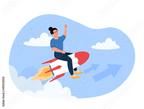 Businesswoman on rocket. Young girl launches start up, metaphor for innovation and introduction of new technologies. Entrepreneur starts project, financial literacy. Cartoon flat vector illustration