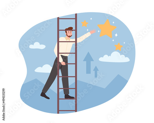 Business opportunities concept. Man climbs stairs. Entrepreneur collecting stars, motivational poster or banner. Self development and increase in company income. Cartoon flat vector illustration