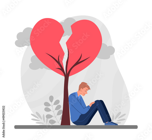 Guy with broken heart. Problems in personal life. Man sits by withered tree. Depression and sadness, character very upset by breakup. Tragedy and frustration. Cartoon flat vector illustration