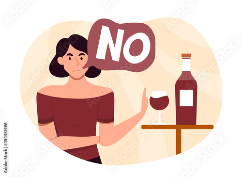 Woman avoiding alcohol. Character struggles with bad habits, taking care of his health and pregnancy. Motivational banner or poster for site, determined young girl. Cartoon flat vector illustration photo