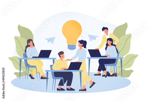 Work in company. Characters in office, managers at computers. Brainstorming, idea and creativity. Coworking and partnership, colleagues working on same project. Cartoon flat vector illustration