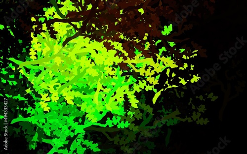 Dark Green vector doodle background with leaves, branches.