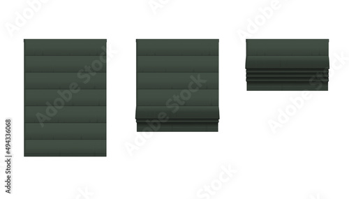 Roman window blinds. Grey home or office interior blackout shade. Window shutter decor. Interior design. Vector illustration. realistic window sunlight blinds closed open. bedroom accessories.