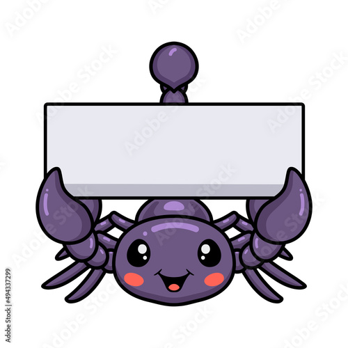 Cute purple scorpion cartoon with blank sign