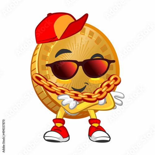 vector cartoon illustration of cute coin mascot being rapper with hip-hop stylish sunglasses and golden chain