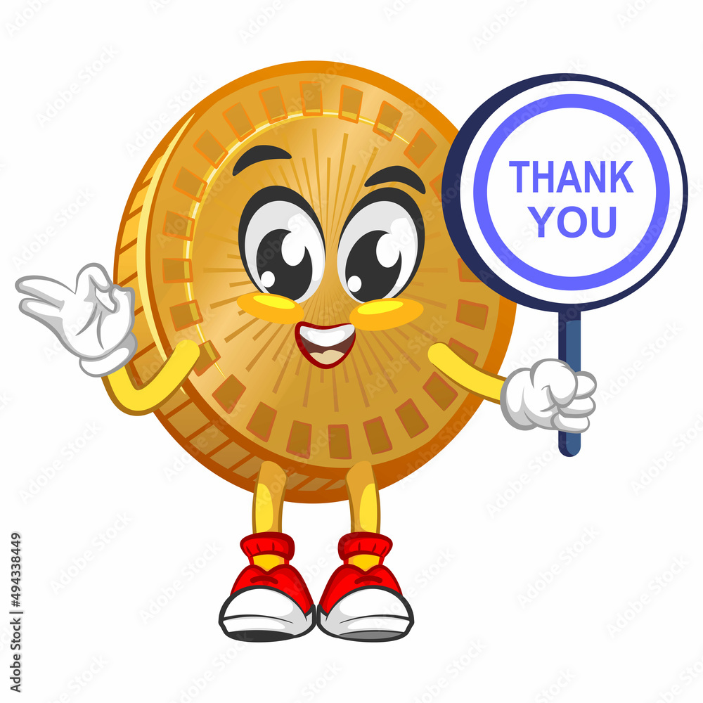 vector cartoon illustration of cute coin mascot with sigh board say thank you