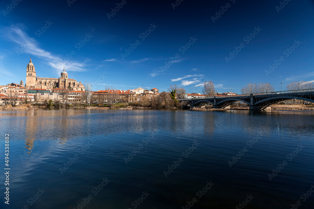 Salamanca skyline view with Cathedral and Enrique Estevan Bridge on Tormes River, Spain