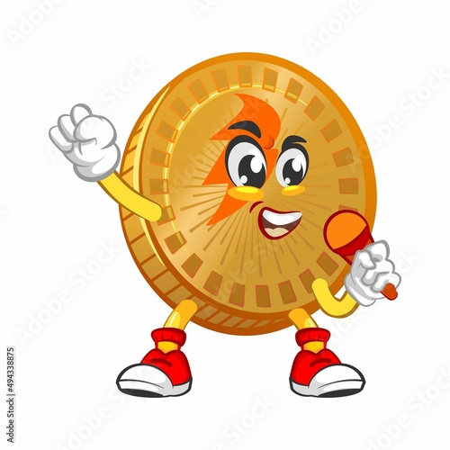 vector cartoon illustration of cute coin mascot being popstars singer