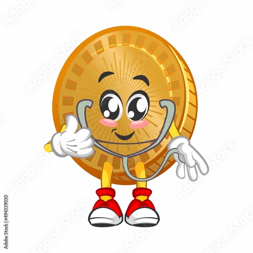 vector cartoon illustration of cute coin mascot being doctor 