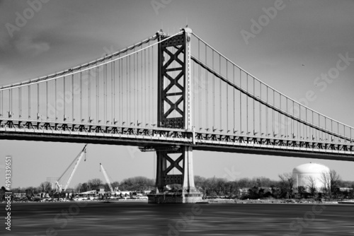 Black and white photo of a Benjamin Franklin Bridge in Philadelphia #494339651