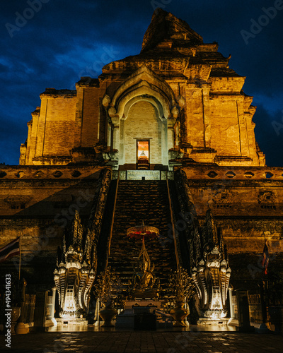 Low angle shot of Wat Chedi Luang temple in Chiang Mai, Thailand photo