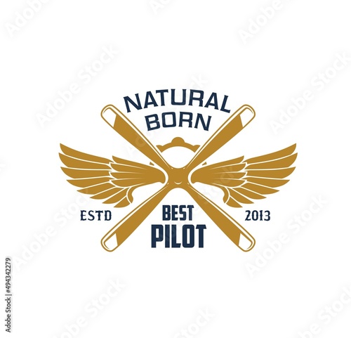 Pilots crew vector heraldic icon, aviation wings and propeller of airplane or jet plane aircraft. Isolated vintage badge of air flight aviator club, school or academy, air force military heraldry