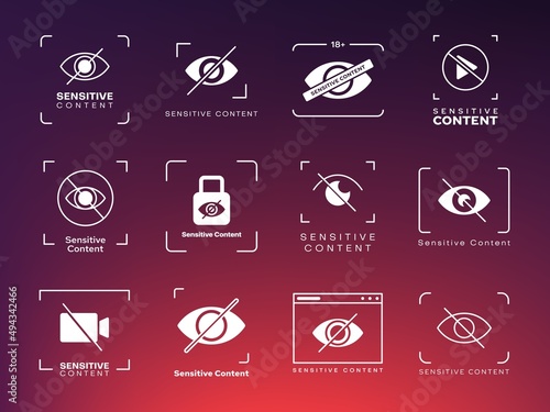 Sensitive content icons, censored only photo and video, stop explicit porn and sex warning vector signs. Crossed out eye, camera, play button and padlock attention symbols for inappropriate content