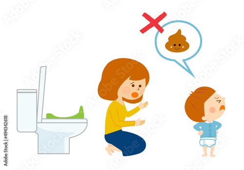 トイレでうんちをするのを嫌がる子供の育児イラスト
