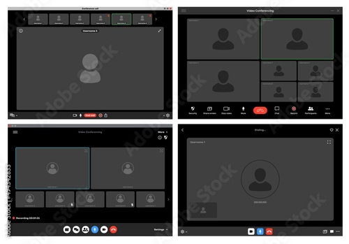 Videocall interface screen vector template, web chat ui. Video call windows of online conference or webinar with buttons and user icons, computer or mobile phone app, remote communication