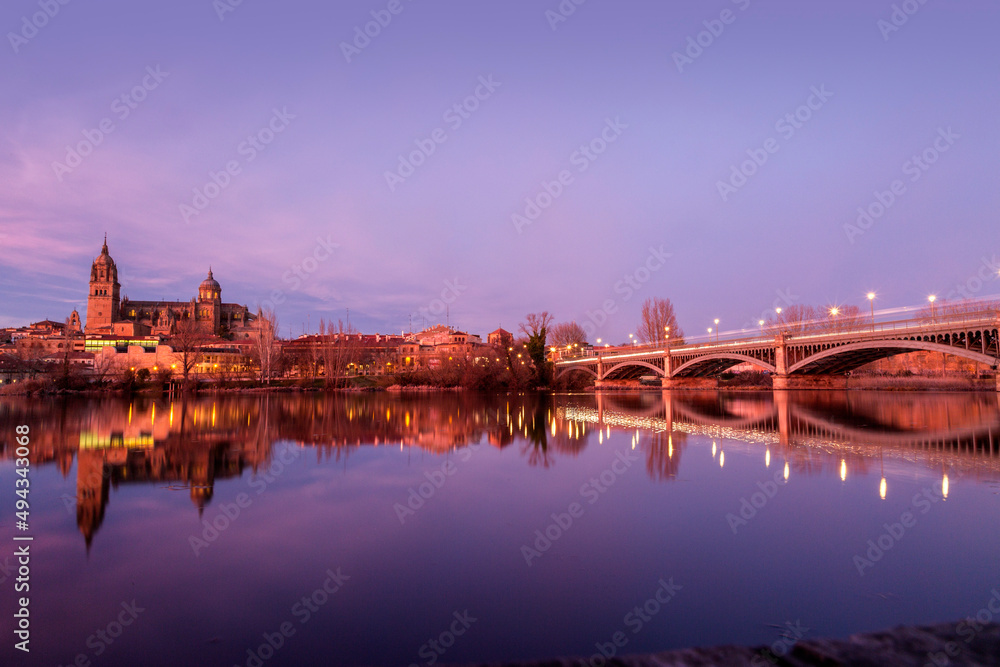 Salamanca Skyline view with Cathedral and Enrique Estevan Bridge on Tormes River, Spain