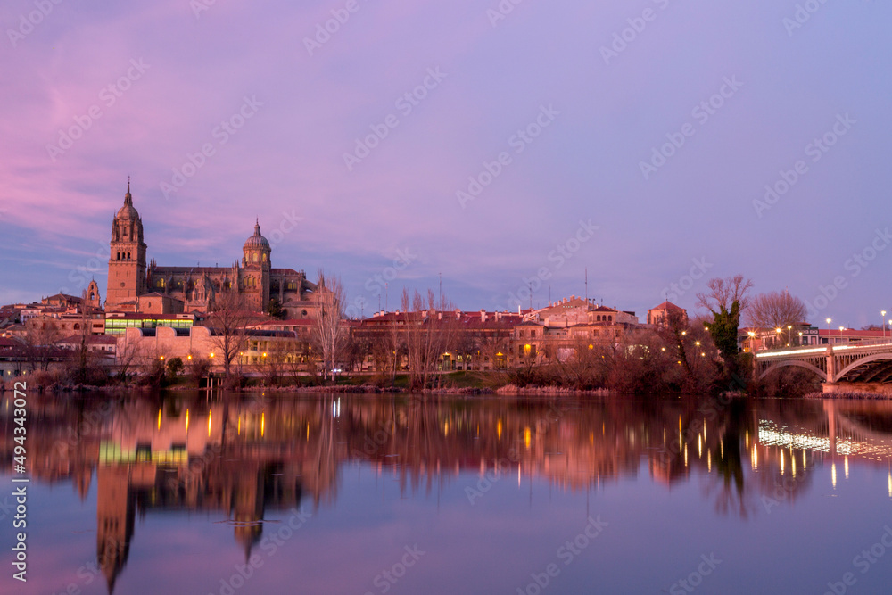 Salamanca Skyline view with Cathedral and Enrique Estevan Bridge on Tormes River, Spain