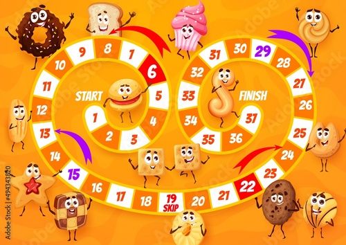 Cartoon bakery, pastry cakes and cookies, kids board step game, vector entertainment tabletop. Dice or race game worksheet with start and finish for funny chocolate donuts and sweet pastry cupcakes