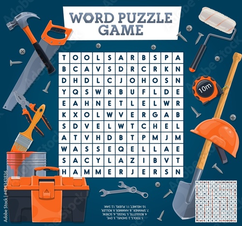 DIY tools on word search puzzle quiz game worksheet. Kids quiz grid, educational game or child riddle with words in letters find task. Children text puzzle with cartoon vector construction hand tools