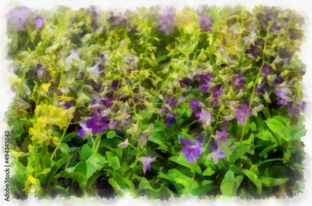 Many colorful plants and flowers in the plant shop watercolor style illustration impressionist painting. Many colorful plants and flowers in the plant shop watercolor style illustration impressionist painting.