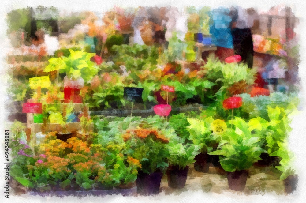 Many colorful plants and flowers in the plant shop watercolor style illustration impressionist painting.