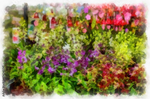 Many colorful plants and flowers in the plant shop watercolor style illustration impressionist painting.