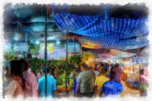 Landscape of the Walking Market at night during the holidays watercolor style illustration impressionist painting. © Kittipong