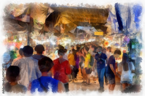 Landscape of the Walking Market at night during the holidays watercolor style illustration impressionist painting. © Kittipong
