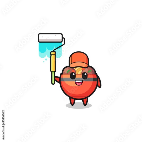 the meatball bowl painter mascot with a paint roller