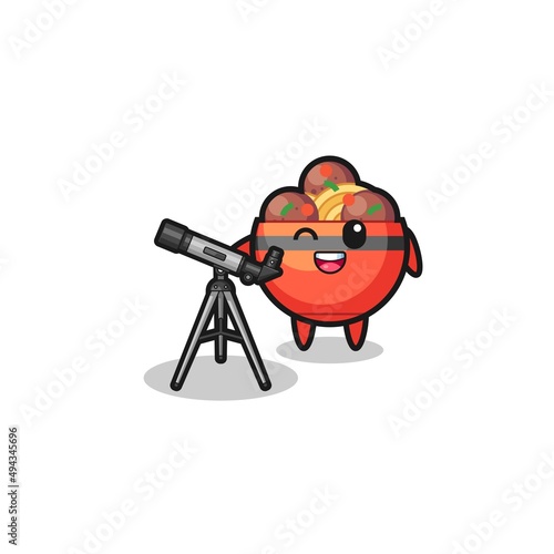meatball bowl astronomer mascot with a modern telescope