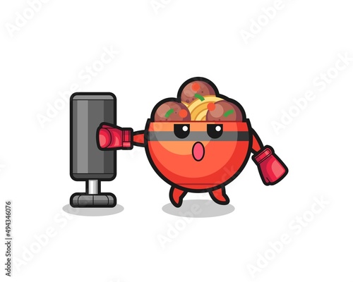 meatball bowl boxer cartoon doing training with punching bag