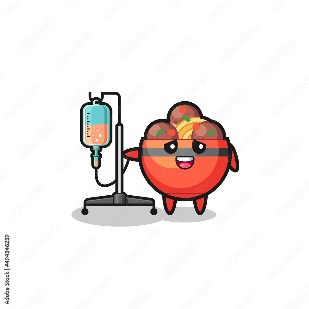 cute meatball bowl character standing with infusion pole cute meatball bowl character standing with infusion pole