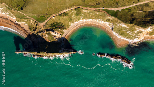 Bird's eye view of the Durdle door stone arches on the Jurassic Coast in Dorset