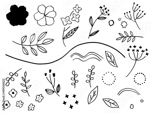 かわいい植物の手書きラフセットモノクロ