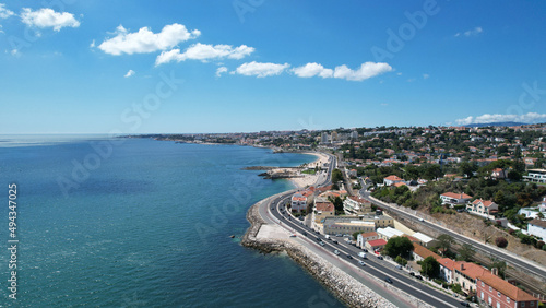 Aerial drone view of the coast of the Atlantic in Caxias, Lisbon, Portugal photo