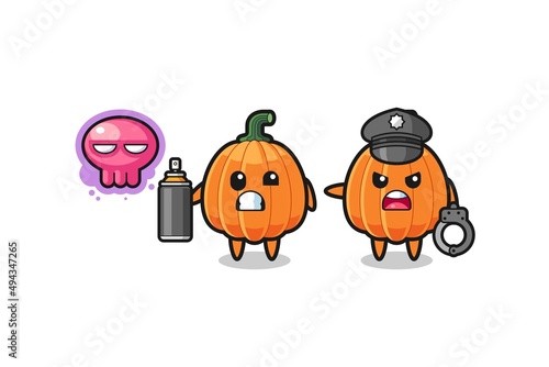 pumpkin cartoon doing vandalism and caught by the police