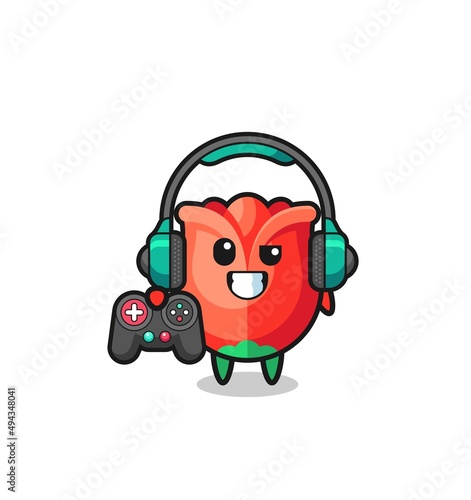 rose gamer mascot holding a game controller