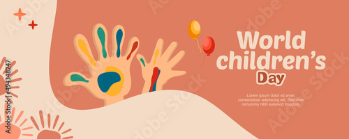 happy international children's day. hand illustration with balloons  and paper airplane.
