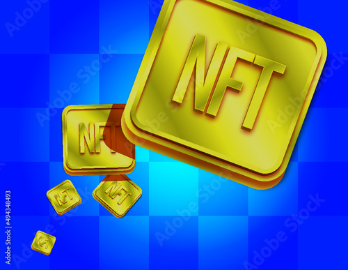 Illustration of some golden metallic panels with NFT letters on a blue transparent background.