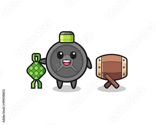 barbell plate muslim character are celebrating Eid Al Fitr