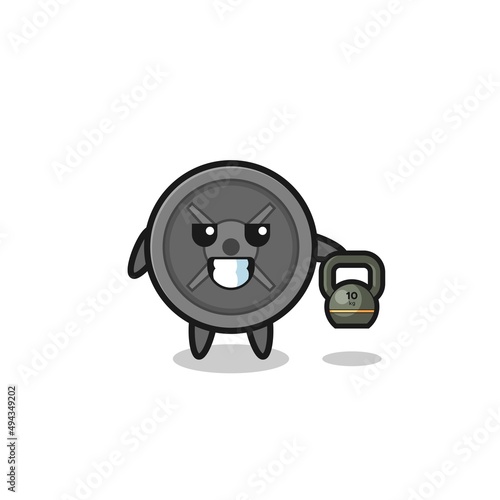 barbell plate mascot lifting kettlebell in the gym