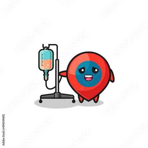 cute location symbol character standing with infusion pole