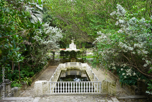 Beautiful view of the fountain of Vizcaya Museum and Gardens in Miami, Florida, United States