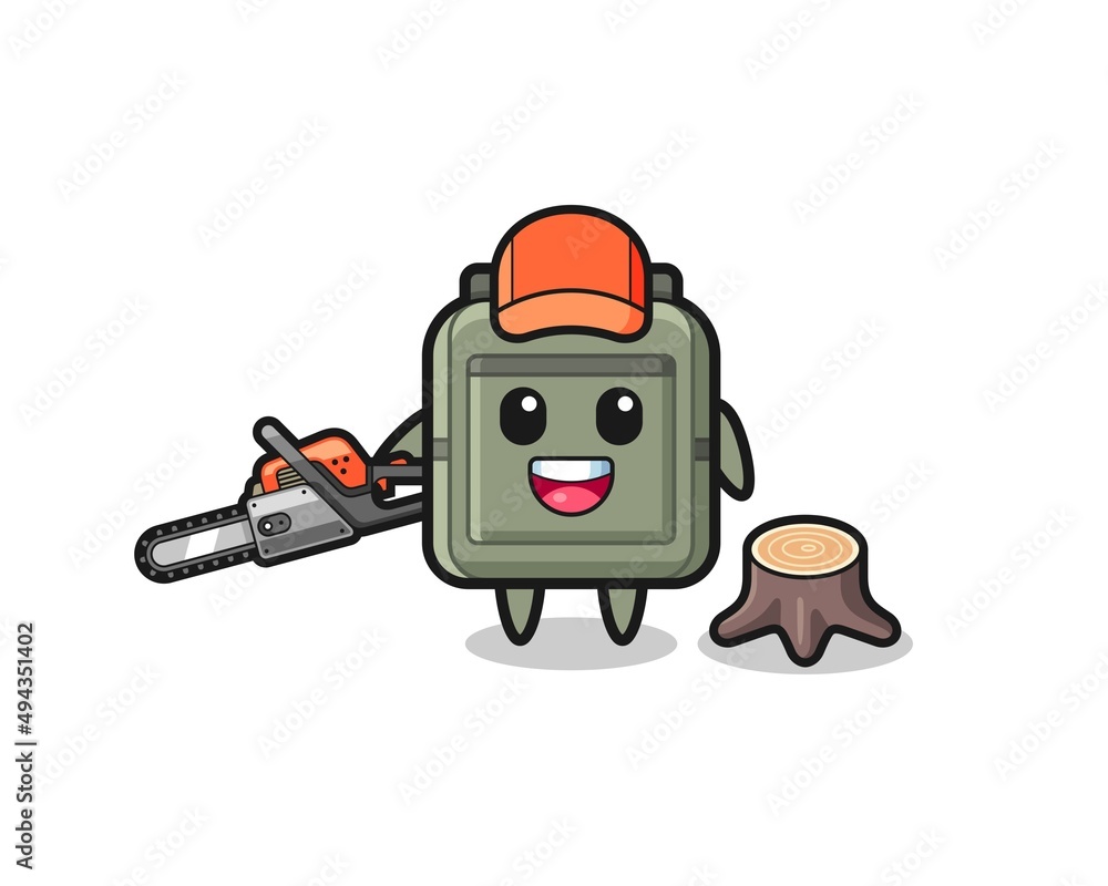 school bag lumberjack character holding a chainsaw