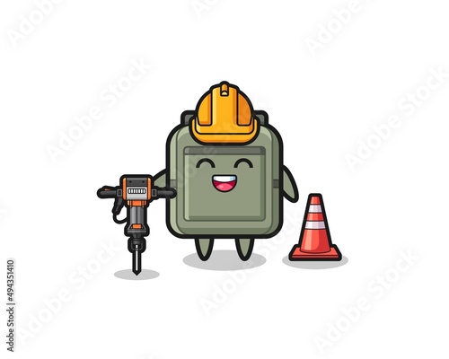 road worker mascot of school bag holding drill machine